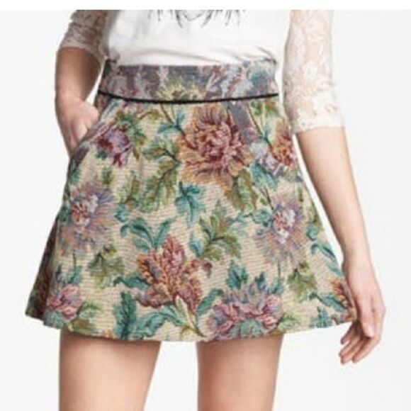 FREE PEOPLE Tapestry Skirt Cream Green Blue Pink - Picture 2 of 14